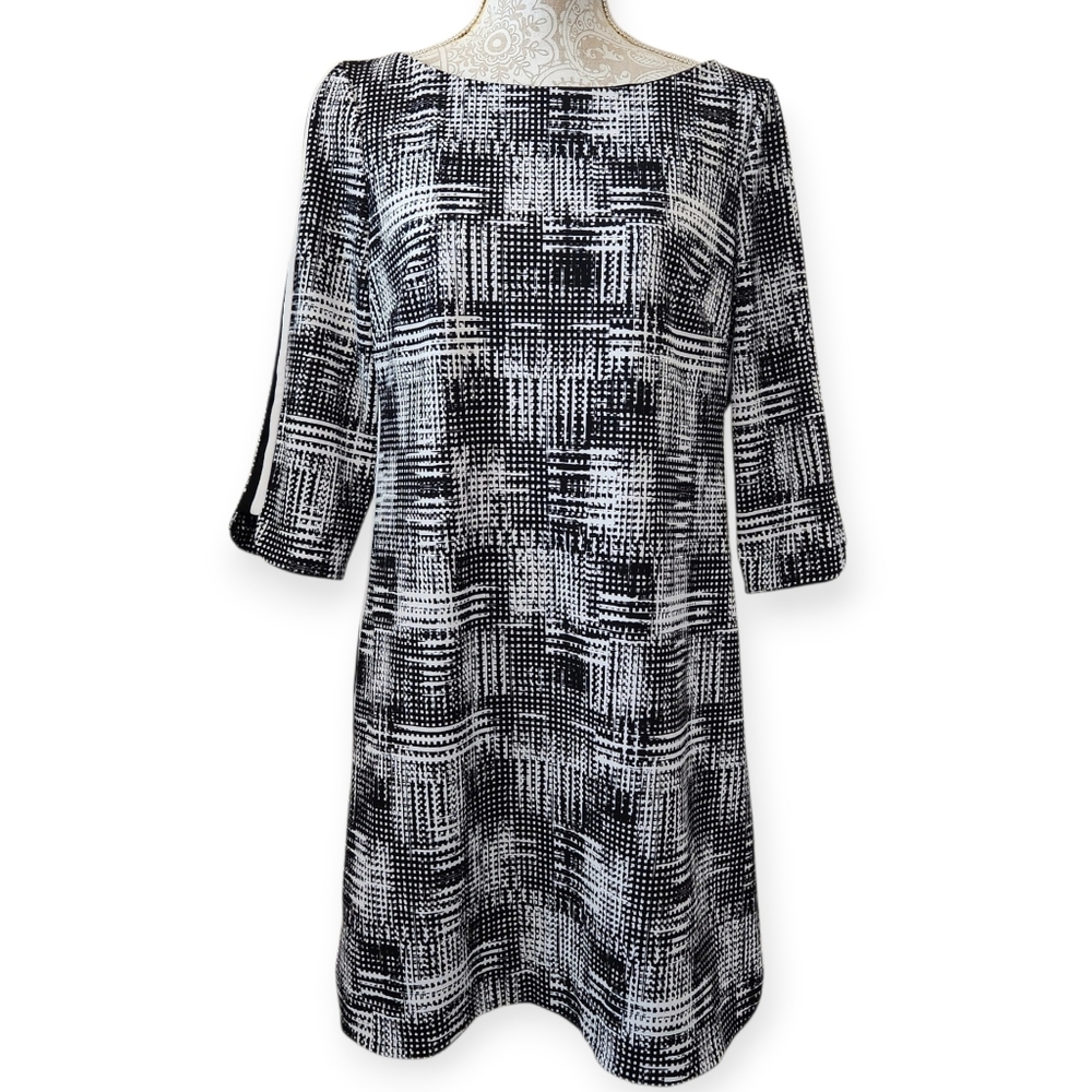 Vince Camuto Career Office Black White Shift Dress 3/4 Sleeves Size 12